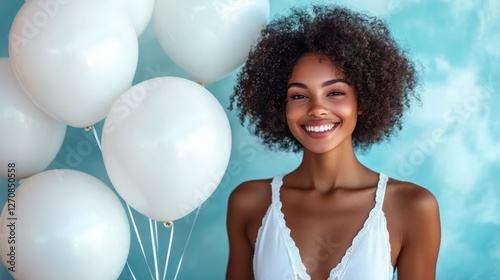 Bright smile and colorful balloon in vibrant street setting during daylight