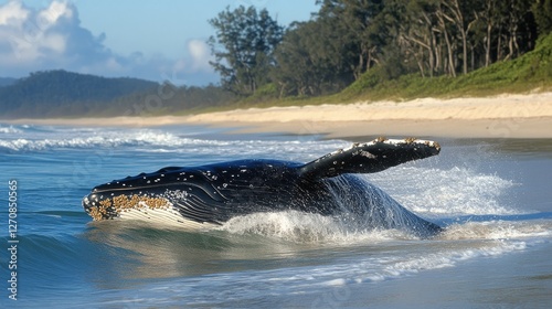 Dark-colored whale swimming in clear water near a sandy beach at midday