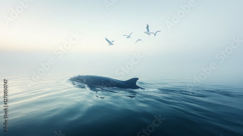 Whale swims peacefully in tranquil waters with seagulls flying above at dawn