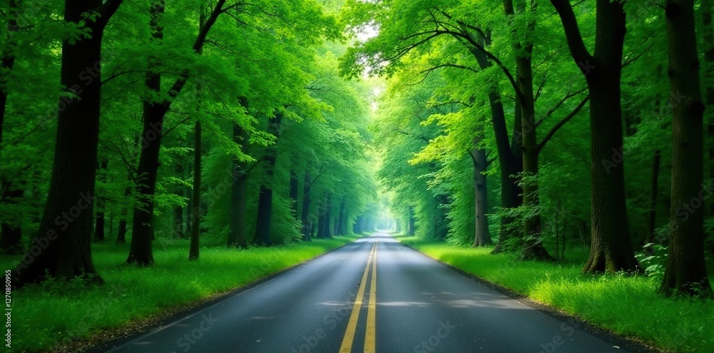 Road lined with dense green trees on both sides, forest, branches Road lined with dense green trees on both sides, forest, branches
