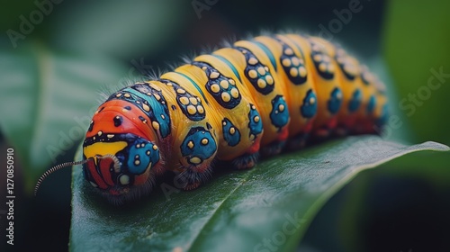 Colorful caterpillar crawling on a vibrant green leaf in a lush garden setting