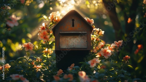 Mailbox surrounded by flowers in a serene garden during golden hour