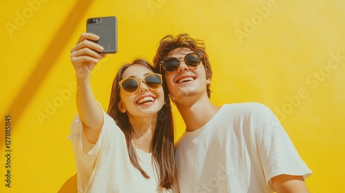 Young couple taking a selfie with yellow background
