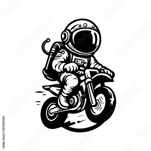 astronaut character logo design riding a motocross bike