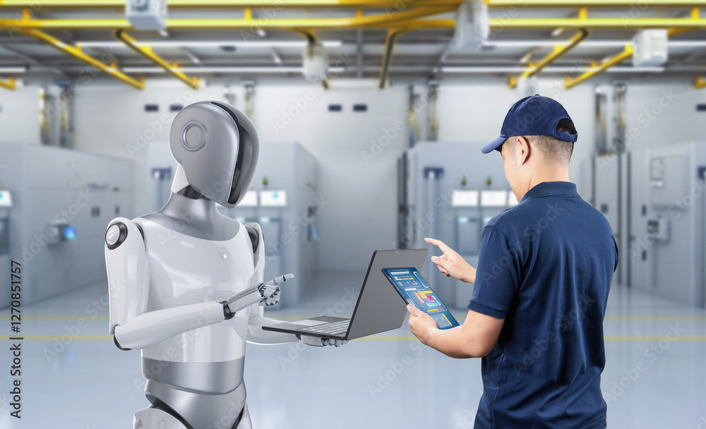 Automation industry with engineer work with assistant robot Automation industry with engineer work with assistant robot