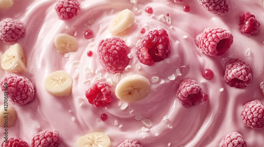 top view of a swirling yoghurt where fruits are falling inside top view of a swirling yoghurt where fruits are falling inside