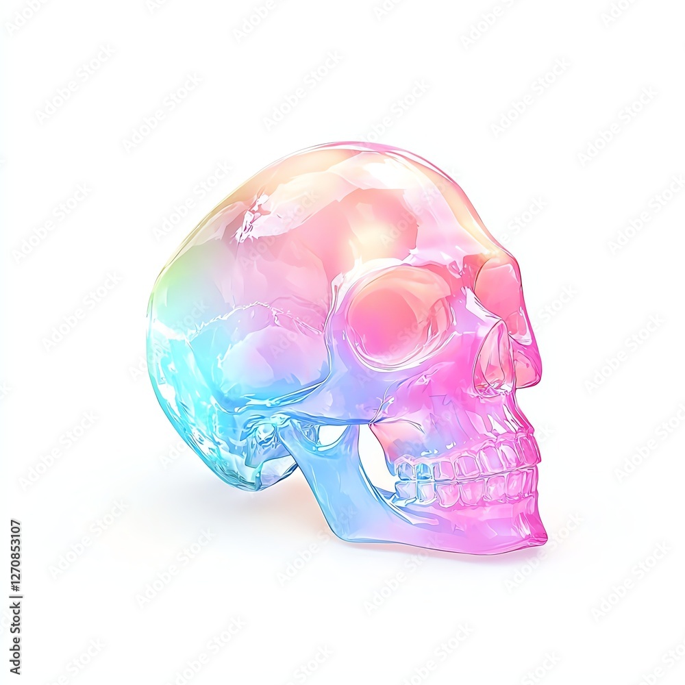 Fototapeta premium Colorful translucent skull sculpture, displaying a captivating blend of hues on a pure white background. Perfect for artistic and conceptual designs.
