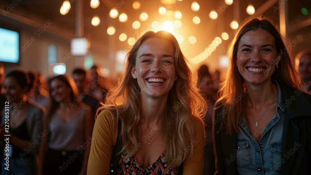 Two women are smiling for camera in room Two women are smiling for camera in room