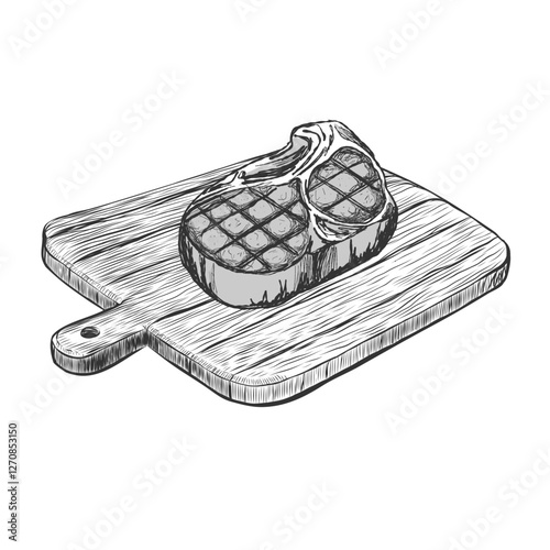 Slice of Raw Meat on wooden cutting board. Vector illustration raw steak t-bone. Black and white ink sketch style. Graphic art.