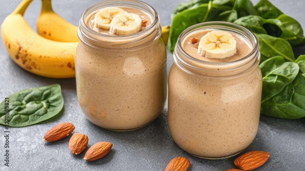 Two jars of smoothie topped with banana slices, surrounded by spinach leaves, almonds, and a banana, on a gray surface. Two jars of smoothie topped with banana slices, surrounded by spinach leaves, almonds, and a banana, on a gray surface.