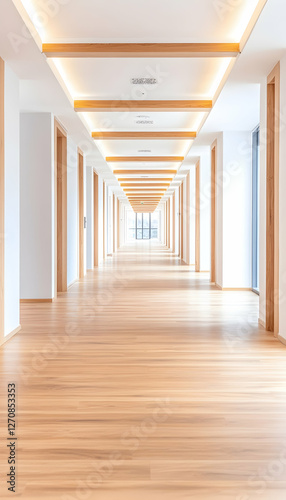 An office hallway leading to light, showcasing modern design for corporate ambiance