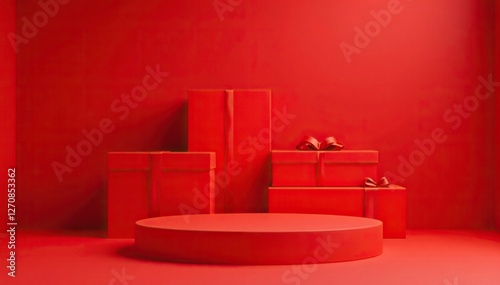 Wallpaper Mural Bold red podium constructed from stacked rectangular gift boxes, art installation, red Torontodigital.ca