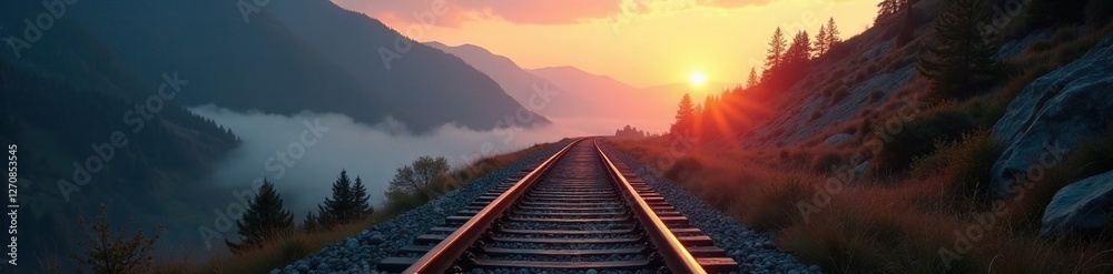 Fototapeta premium Rail trail disappearing into the mountains at dawn, railroad, misty terrain