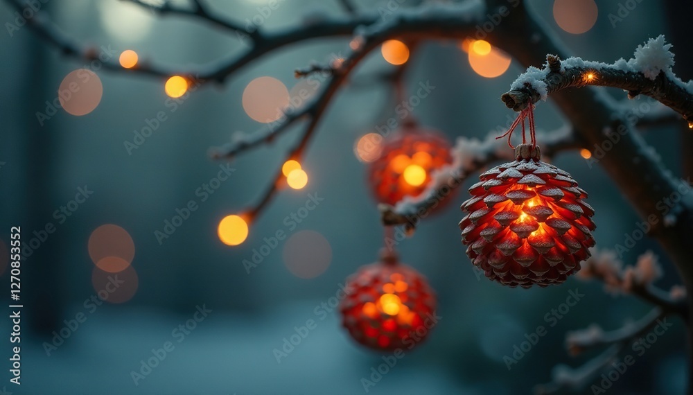 Obraz premium Pinecone lanterns on a bare tree with twinkling lights, minimalist, ethereal, ornaments