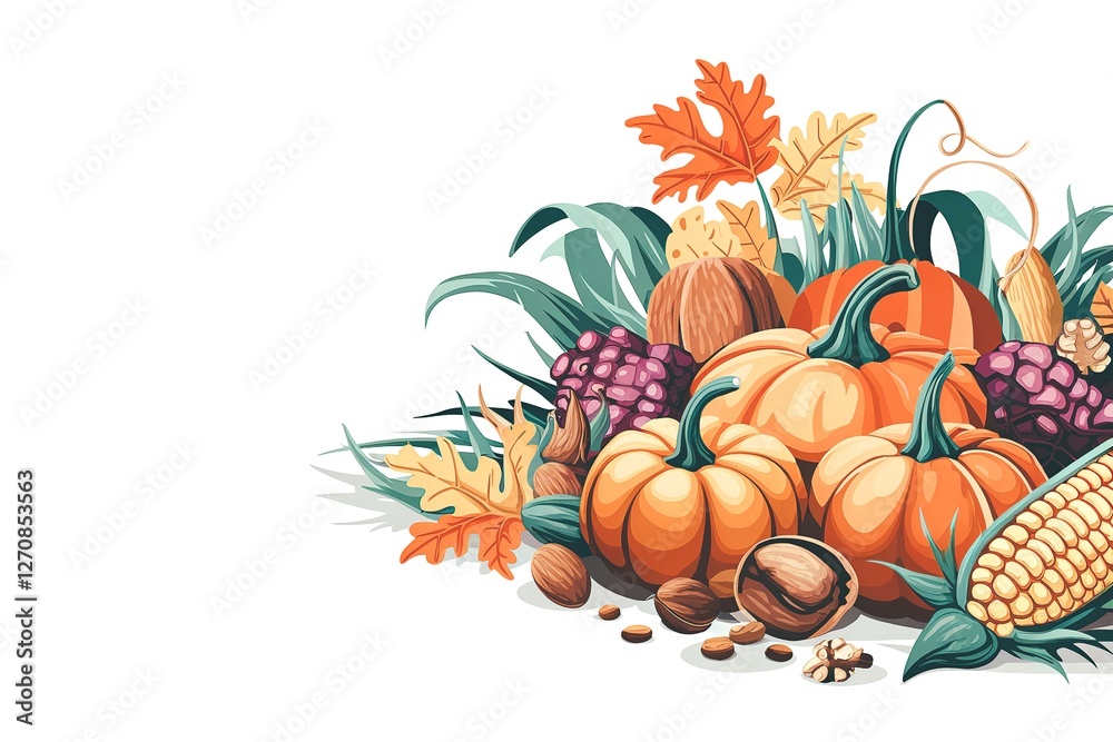 Naklejka premium Fall copyspace with decorative pumpkins, nuts and corn isolated on white