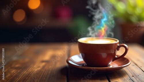 Wallpaper Mural Rainbow over a cup of hot coffee on a wooden table, wood, cozy atmosphere Torontodigital.ca