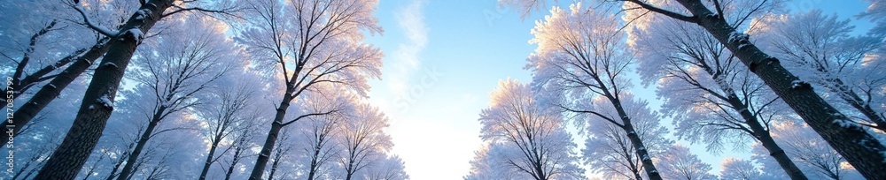 Snowy linden tree branches stretching towards the sky, winter wonderland, wintery scene, winter forest snow linden trees Snowy linden tree branches stretching towards the sky, winter wonderland, wintery scene, winter forest snow linden trees