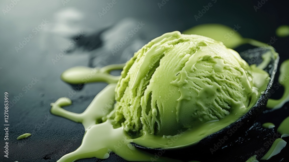 Obraz premium Creamy green tea ice cream scoop melting on dark surface