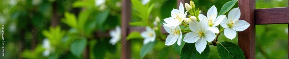 White blooms of Murraya paniculata on a wooden trellis, spring flowers, flowering bush