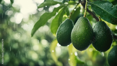Green avocados hanging on tree in rainy weather