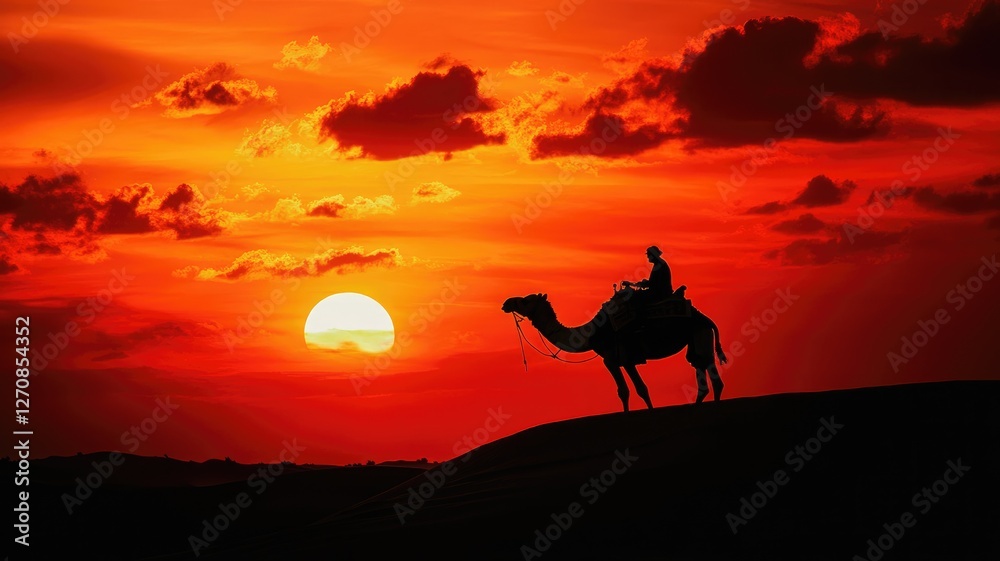 Silhouette of person riding camel against vibrant sunset in desert Silhouette of person riding camel against vibrant sunset in desert