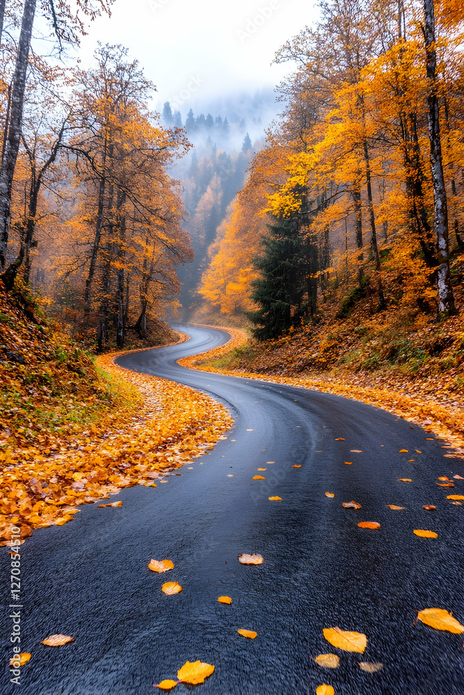 Autumn road winding through yellow forests, covered in fog. Editorial use Autumn road winding through yellow forests, covered in fog. Editorial use