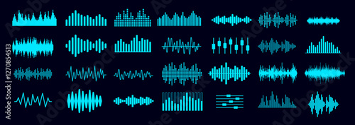Sound and audio design elements collection - Set of music and voice recording graphics showing waves spectrum, equaliser and graphs in blue colour on black background