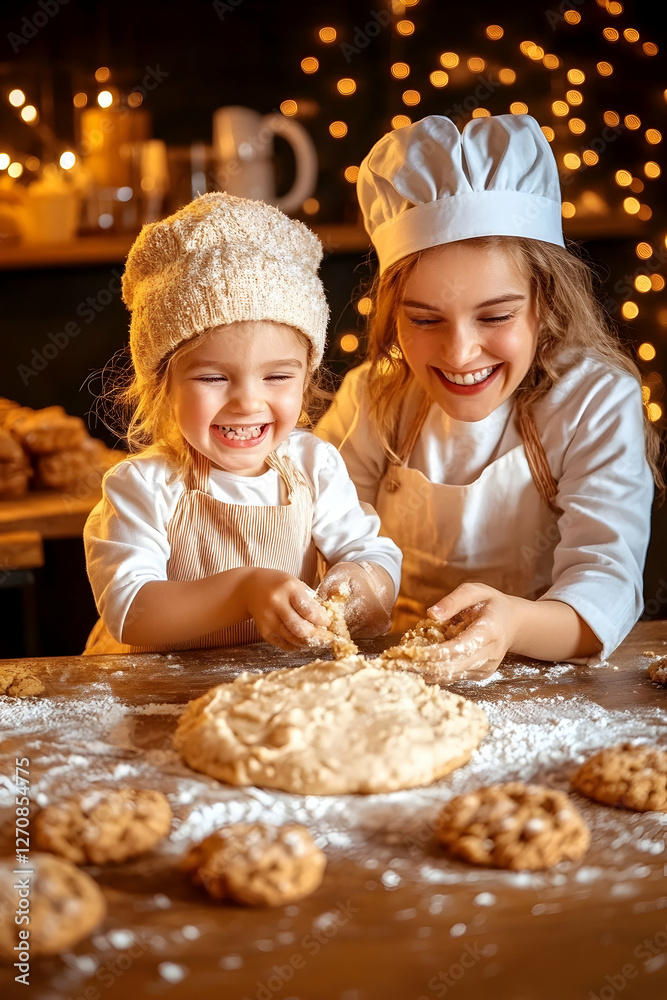 Baking Kids make cookies in home kitchen, lights background, seasonal family activity Baking Kids make cookies in home kitchen, lights background, seasonal family activity