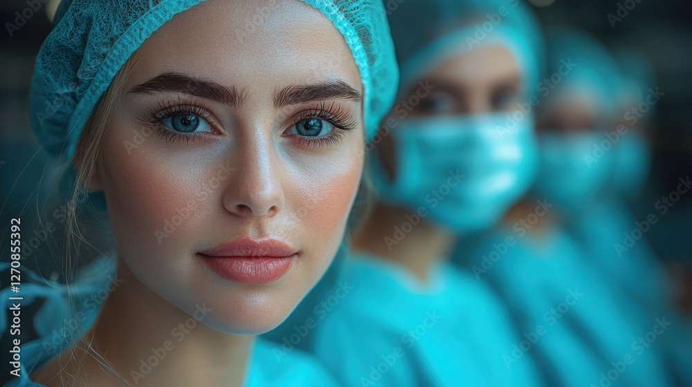 This image features a close-up of a young female healthcare professional with striking blue eyes, wearing surgical scrubs and a cap, in a medical setting. This image features a close-up of a young female healthcare professional with striking blue eyes, wearing surgical scrubs and a cap, in a medical setting.