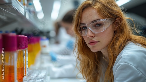 A young european woman with red hair wearing safety glasses is focused on her work in a laboratory, surrounded by colorful test tubes and scientific equipment. photo