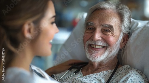 A smiling elderly man interacts with a friendly healthcare professional in a hospital setting, highlighting warmth and care in their relationship. photo