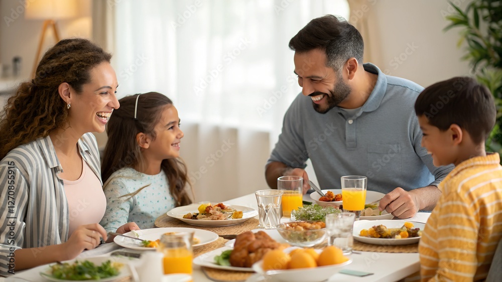 A family of four is enjoying a meal together at a dining table. A family of four is enjoying a meal together at a dining table.