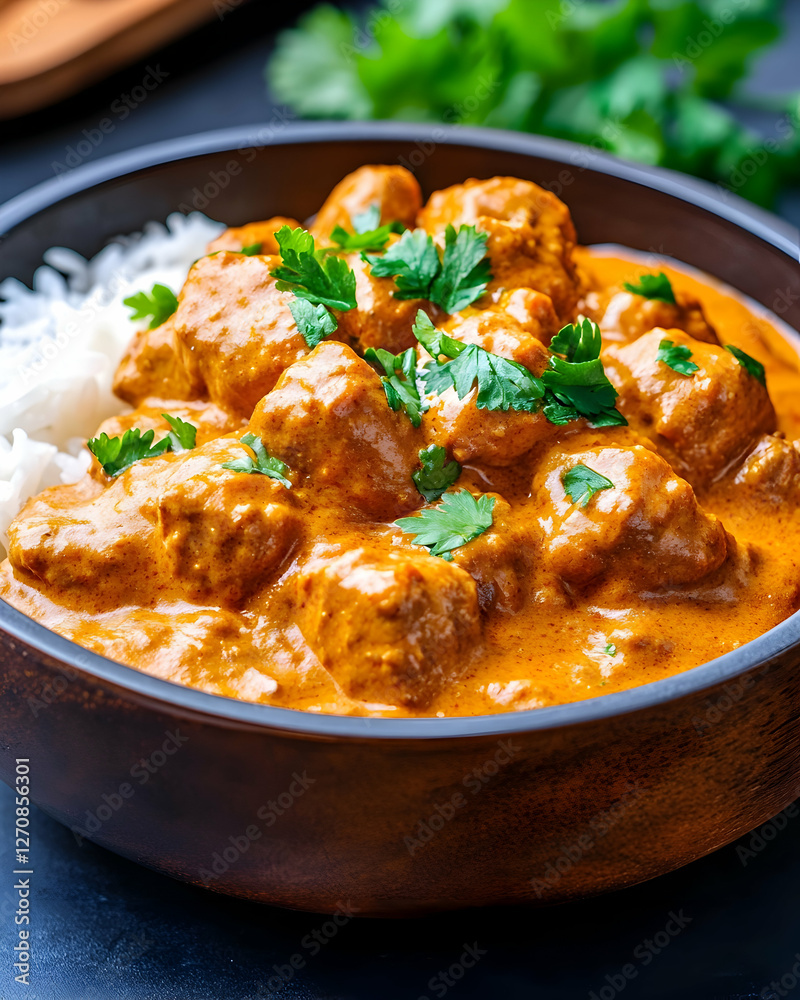 Bowl of butter chicken, basmati rice, garnished with cilantro on dark surface Bowl of butter chicken, basmati rice, garnished with cilantro on dark surface