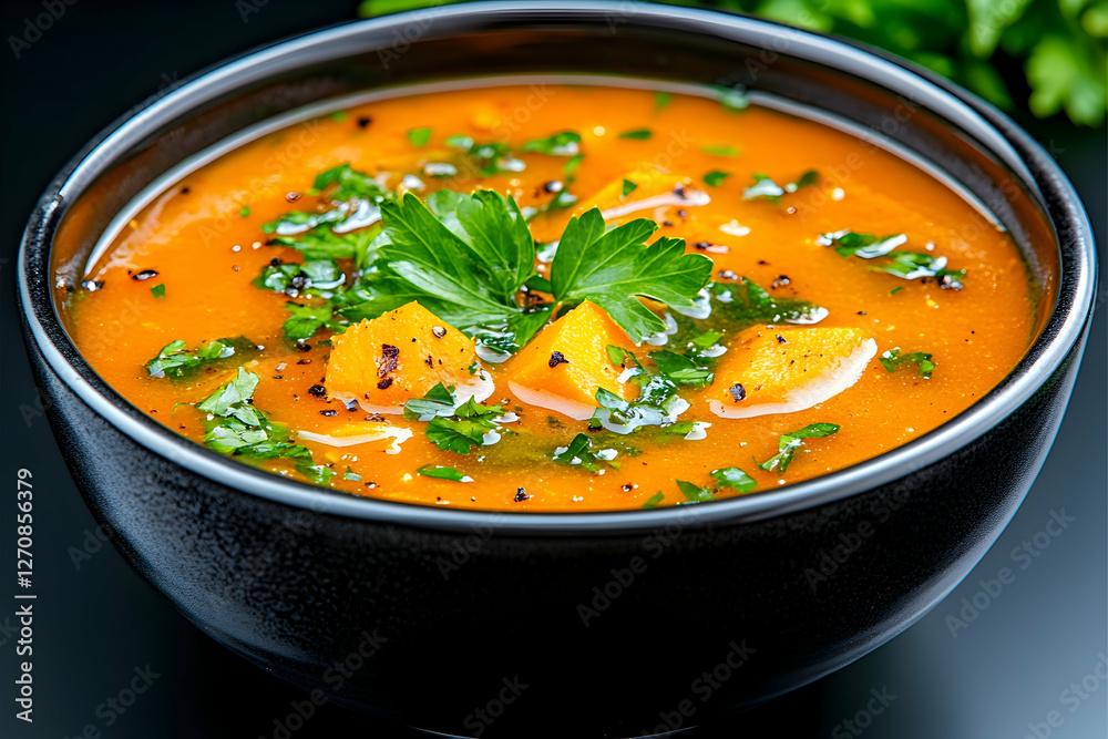 Bowl of pumpkin soup with parsley garnish on a dark background. Possible menu use Bowl of pumpkin soup with parsley garnish on a dark background. Possible menu use