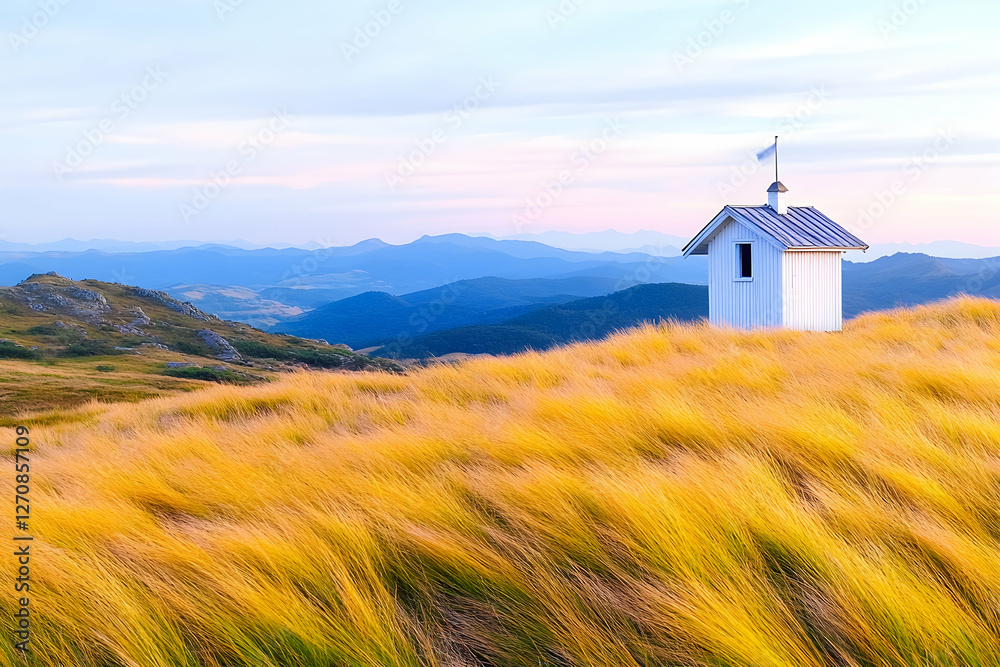 Cabin on hill with tall grass overlooking mountain range at sunset used for postcards Cabin on hill with tall grass overlooking mountain range at sunset used for postcards