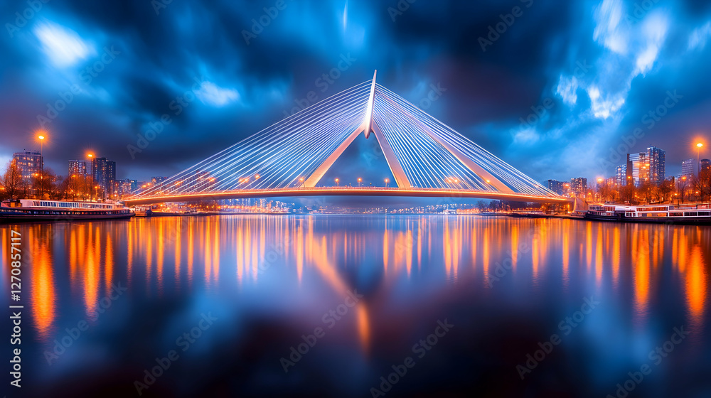Obraz premium Cable-stayed bridge over water with city at night, reflecting light in cityscape use