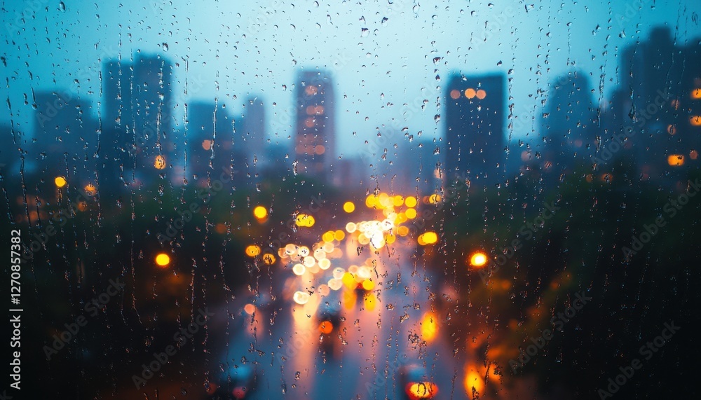 Obraz premium Rainy evening in a bustling city with blurred lights and reflections on a window showcasing urban life