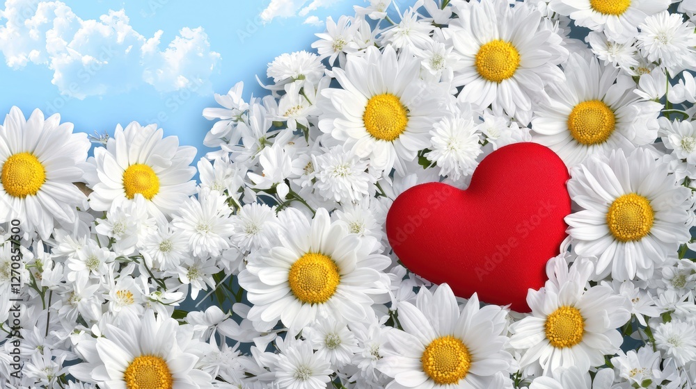 Obraz premium A vibrant arrangement of white daisies with a bright red heart, set against a blue sky, symbolizing love and nature's beauty.