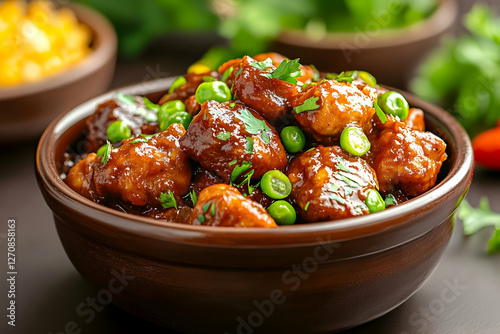 Chicken Manchurian bowl with peas, sauce for appetizer or main course presentation