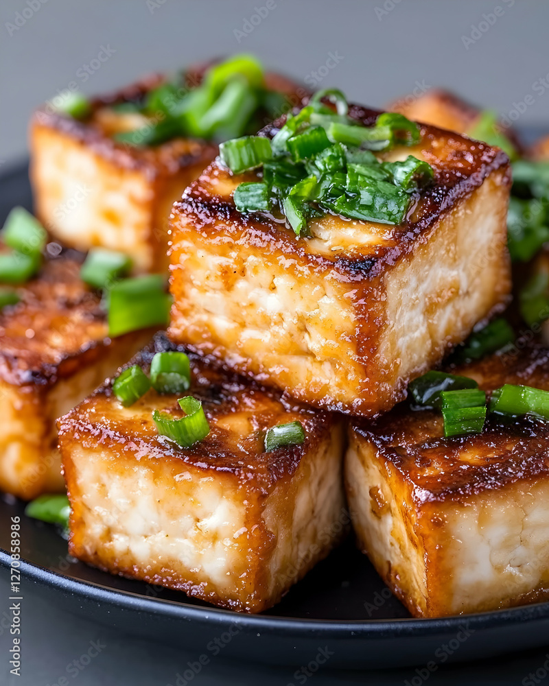 Close up of fried tofu cubes on plate, topped with green onion. Food blog usage Close up of fried tofu cubes on plate, topped with green onion. Food blog usage