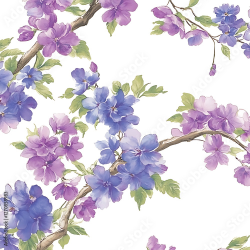 Watercolor Floral Pattern with Violet and Blue Flowers Blossoming on Tree Branches against White Backdrop photo