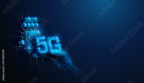Lowpoly Hand Putting 5G to Hardware Chip. Abstract geometric illustration on 5 generation innovation wireless communication technology hardware development concept by wireframe mesh on blue background