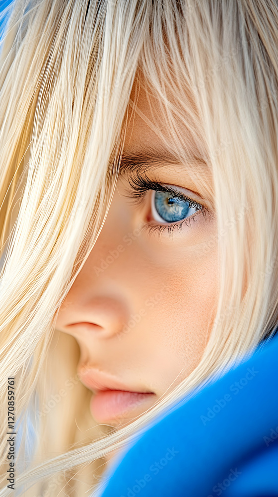 Close-up Young blond girl in blue clothing stares to side on blue background Close-up Young blond girl in blue clothing stares to side on blue background