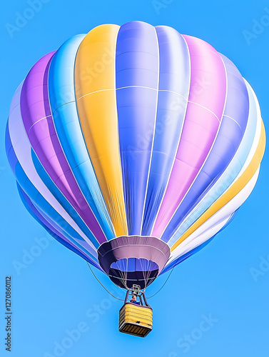 Colorful hot air balloon soars against a clear blue sky. Upward travel view