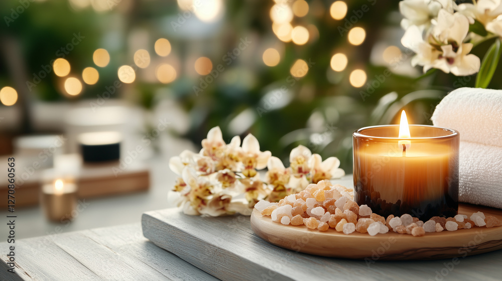 A spa scene with a burning candle, Himalayan salt, and fresh flowers, creating a relaxing and soothing ambiance. A spa scene with a burning candle, Himalayan salt, and fresh flowers, creating a relaxing and soothing ambiance.