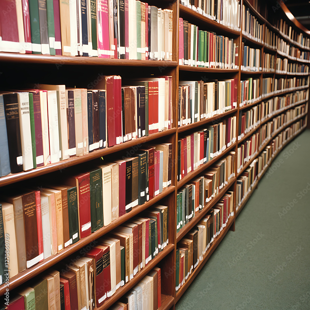 Winding Library Bookshelves Rows with Rich Assortment of Bound Volumes on Wood Shelves Arrangement Winding Library Bookshelves Rows with Rich Assortment of Bound Volumes on Wood Shelves Arrangement