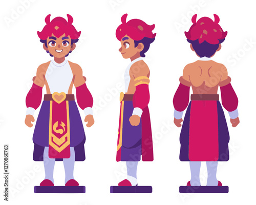 Paper red male character with RPG game in mind. Front, side and back view.