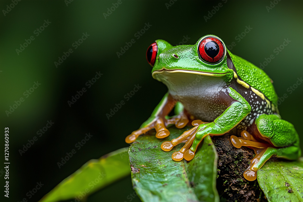 A vibrant red-eyed tree frog with striking green skin perched on a leaf against a soft-focus rainforest background. A vibrant red-eyed tree frog with striking green skin perched on a leaf against a soft-focus rainforest background.