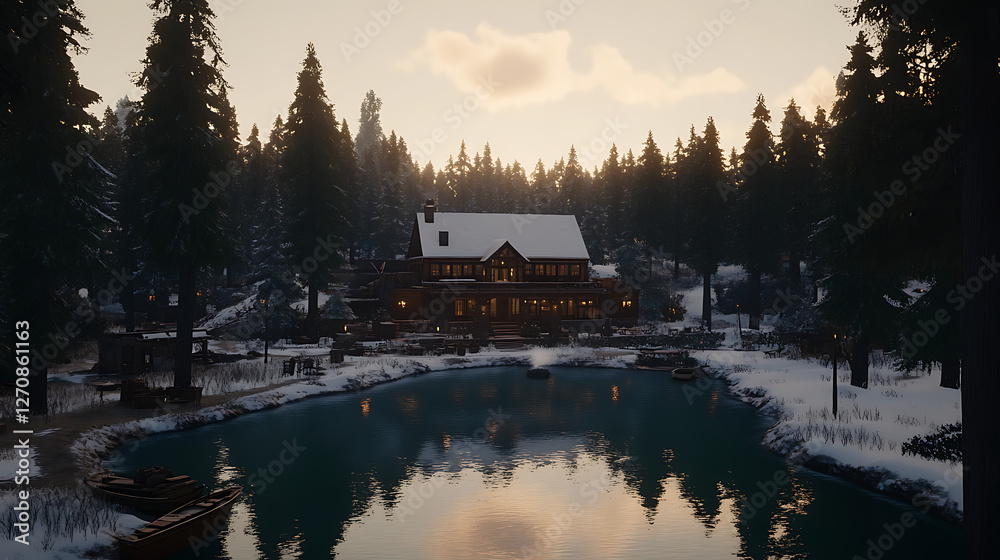 Fototapeta premium Winter Cabin Retreat by a Reflective Lake Under a Soft Hued Sky Framed by Evergreen Forest Trees