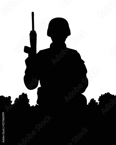 Silhouette of a soldier kneeling isolated on white background